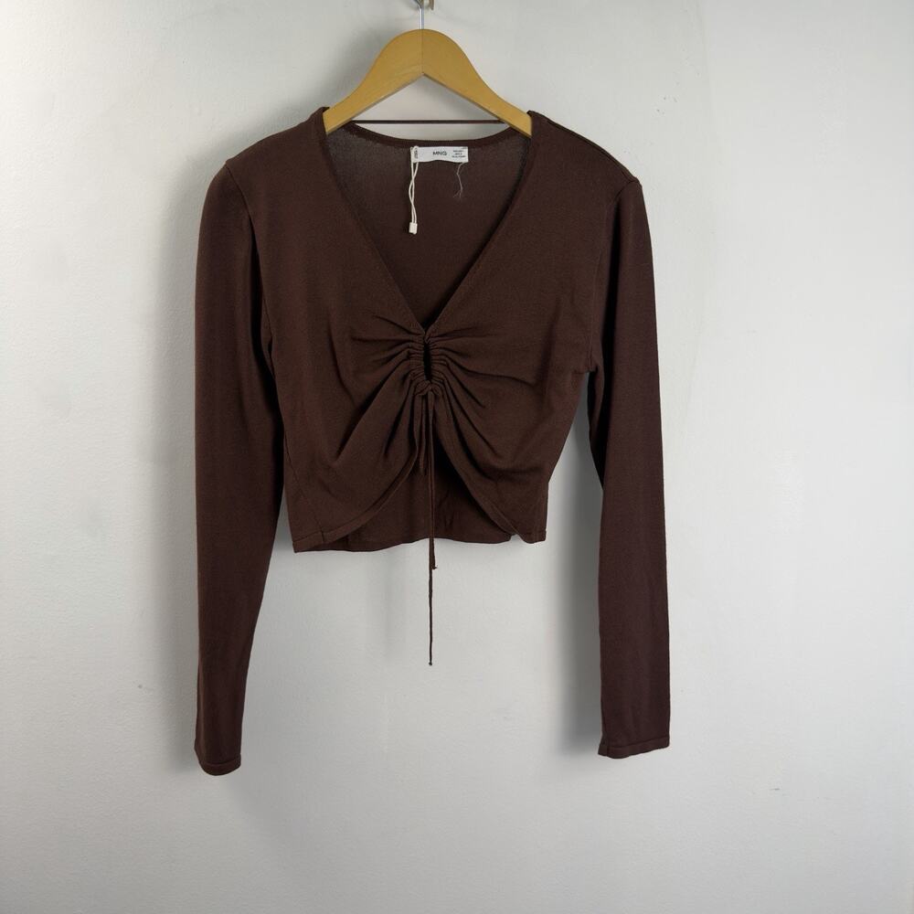 MNG Mango Keyhole Sweater Top L Brown Viscose Knit Adjustable Tie Cropped NWOT